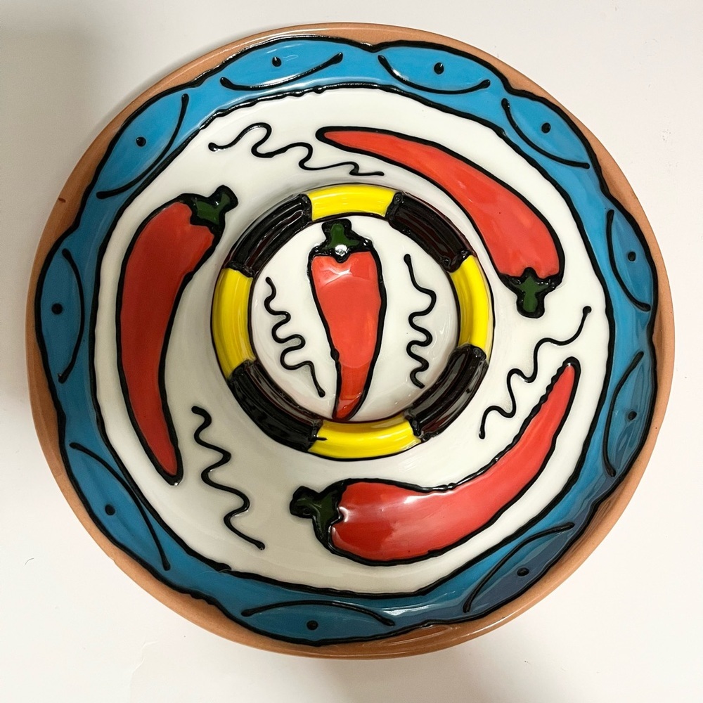 Mexican Ceramic Chip & Dip Tray Earthly Greens & Pottery Chili Peppers via 11.5”